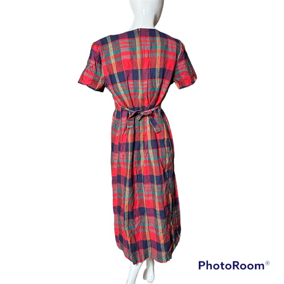 Vintage Plaid Christmas Dress Womens size 10 Red Green Long 90s Holiday Linen - Picture 3 of 8